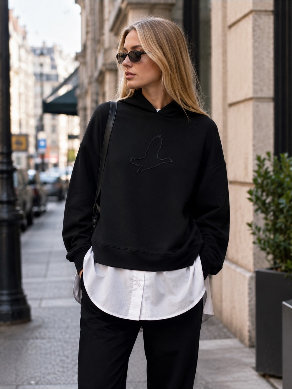 Club Beymen Black Hooded Sweatshirt with Subtle Embroidered Bird